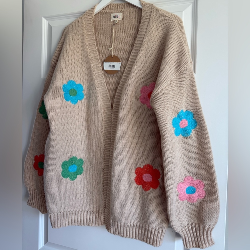 BiBi Groovy Flower Power Chunky Sweater Beige Kidcore Cardigan Hippie Boho - Picture 2 of 13